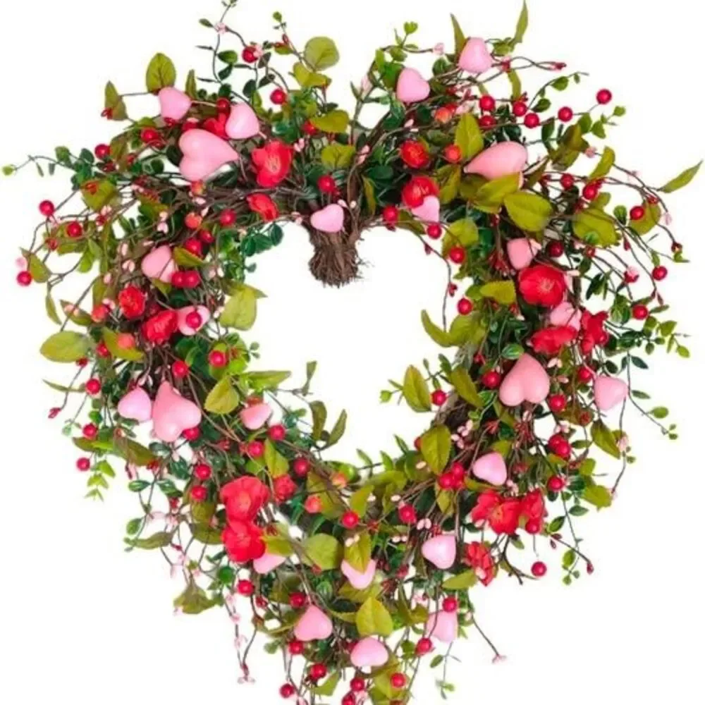 Heart-Shaped Wreath, Pink Flower Heart Berry Green Leaf Door Decor